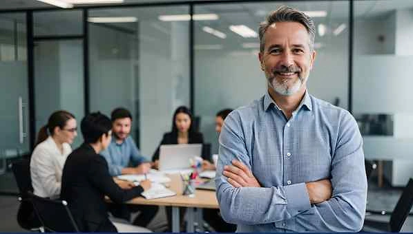 Mann mit verschr&auml;nkten Armen im Vordergrund vor einer Gruppe von Personen, die an einem Tisch in einem modernen B&uuml;ro arbeiten