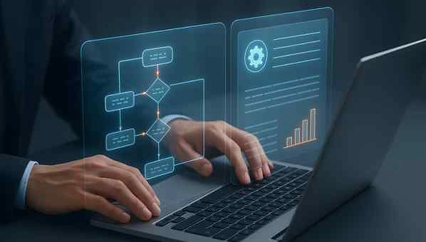 H&auml;nde tippen auf Laptop-Tastatur vor transparenten, digitalen Diagrammen mit Flussdiagramm und Balkendiagramm