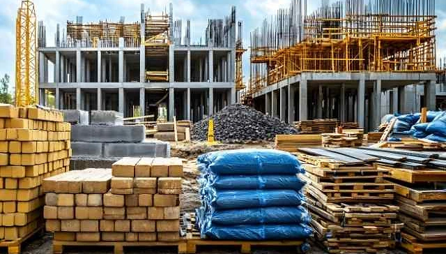 Baustelle mit mehrst&ouml;ckigem Rohbau, Stapeln von Ziegeln, blauen S&auml;cken und Holzpaletten im Vordergrund